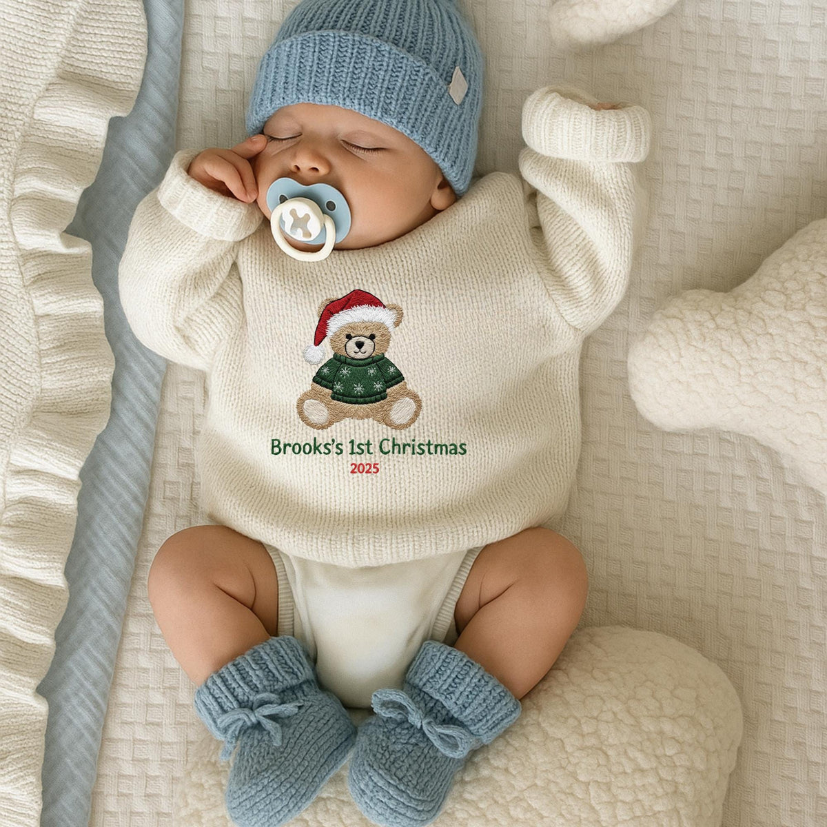 Personalized My First Christmas Baby Sweater, Newborn Sweater With Bear, Baby Shower Gift, Baby Sweater with Bear, Keepsake for Newborn