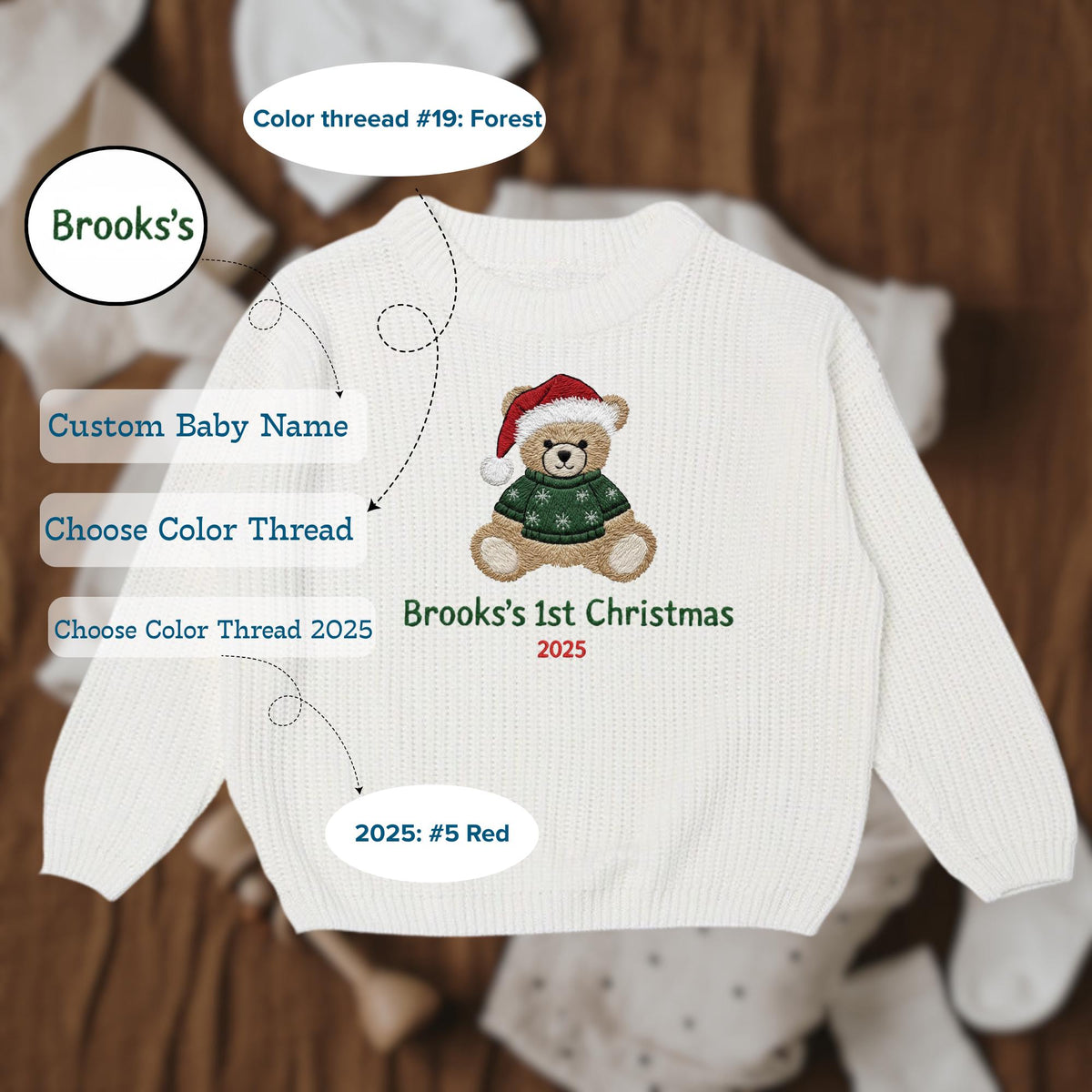 Personalized My First Christmas Baby Sweater, Newborn Sweater With Bear, Baby Shower Gift, Baby Sweater with Bear, Keepsake for Newborn