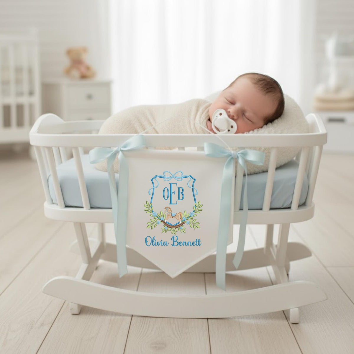 Custom Embroidered Baby Banner with Wooden Horse,Safe for Baby, Birth Announcement, Hospital Door Sign with bows,Baby Gift,Baby Shower Gifts