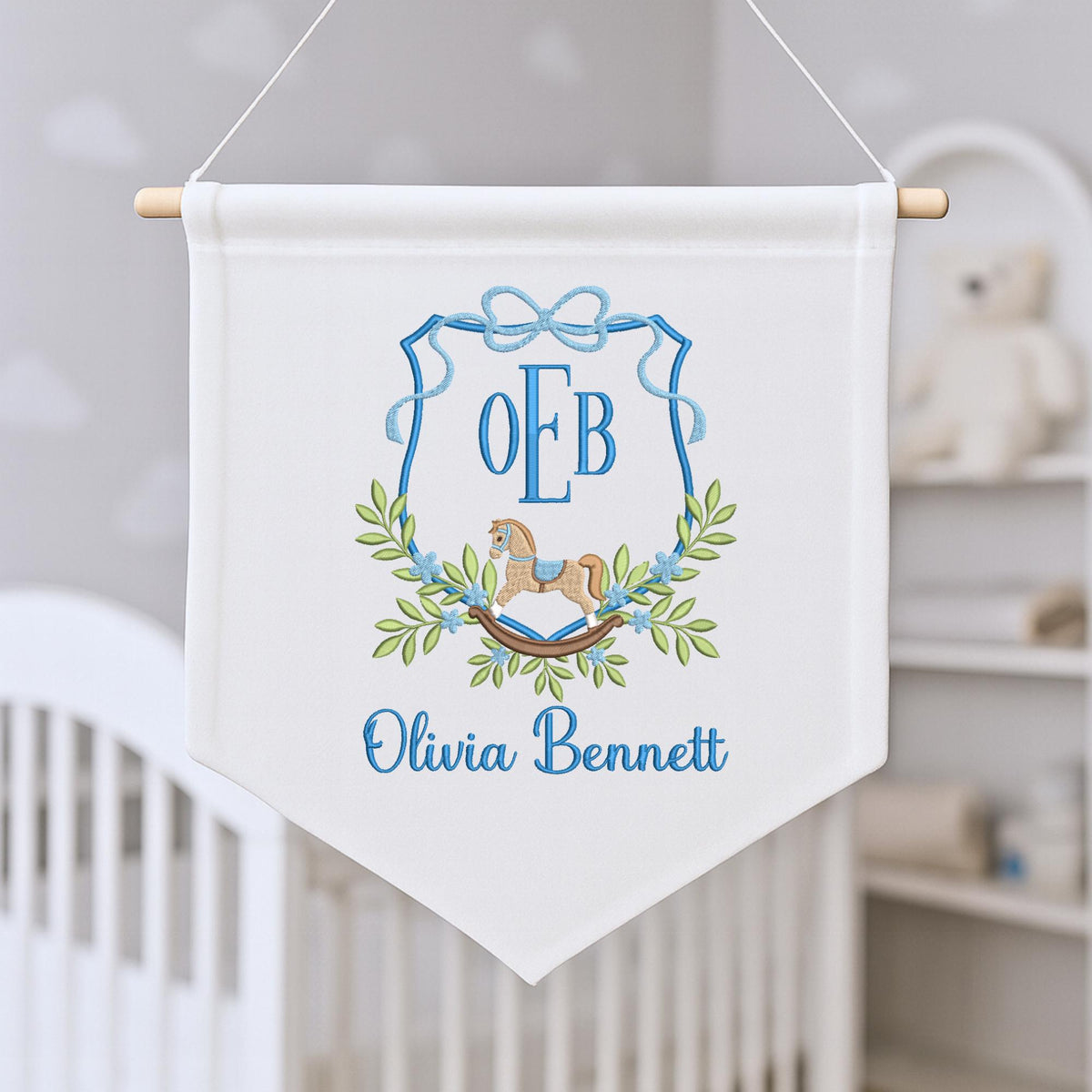 Custom Embroidered Baby Banner with Wooden Horse,Safe for Baby, Birth Announcement, Hospital Door Sign with bows,Baby Gift,Baby Shower Gifts