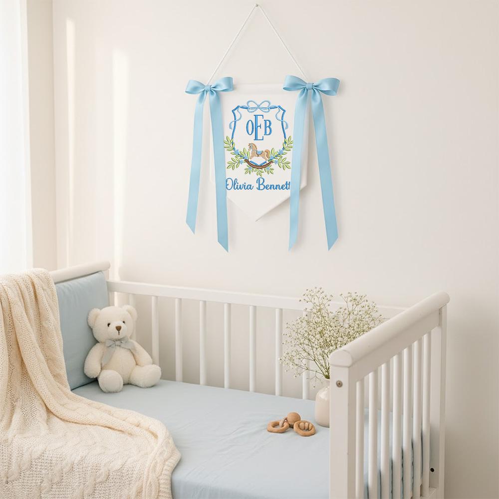 Custom Embroidered Baby Banner with Wooden Horse,Safe for Baby, Birth Announcement, Hospital Door Sign with bows,Baby Gift,Baby Shower Gifts