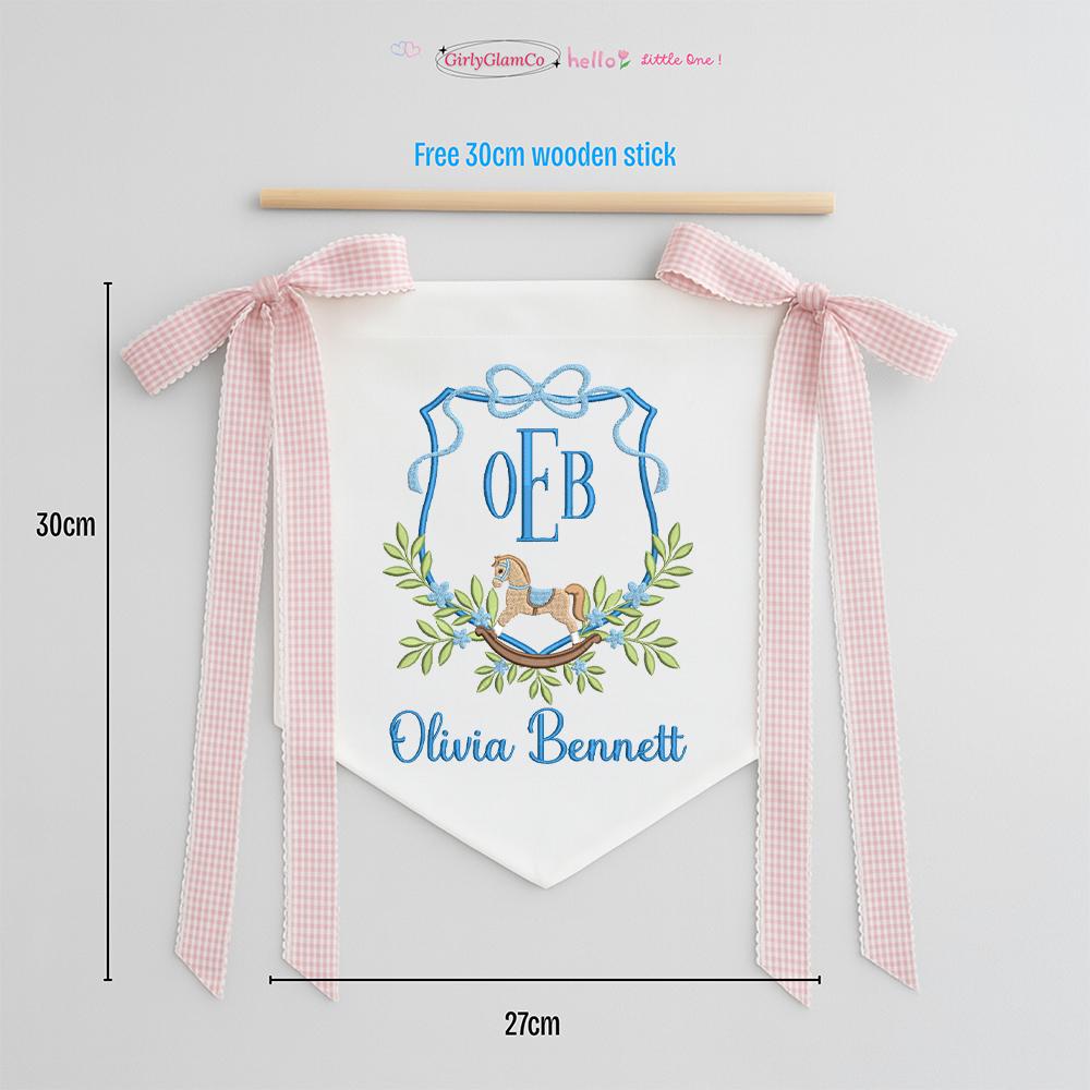 Custom Embroidered Baby Banner with Wooden Horse,Safe for Baby, Birth Announcement, Hospital Door Sign with bows,Baby Gift,Baby Shower Gifts