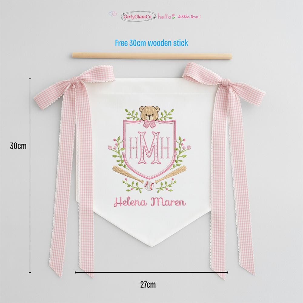 Custom Baby Banner With Teddy Bear and Baseball, Welcome Banner with Floral Crest, Bows Baby Banner, Hospital Door Sign, Baby Shower Gifts