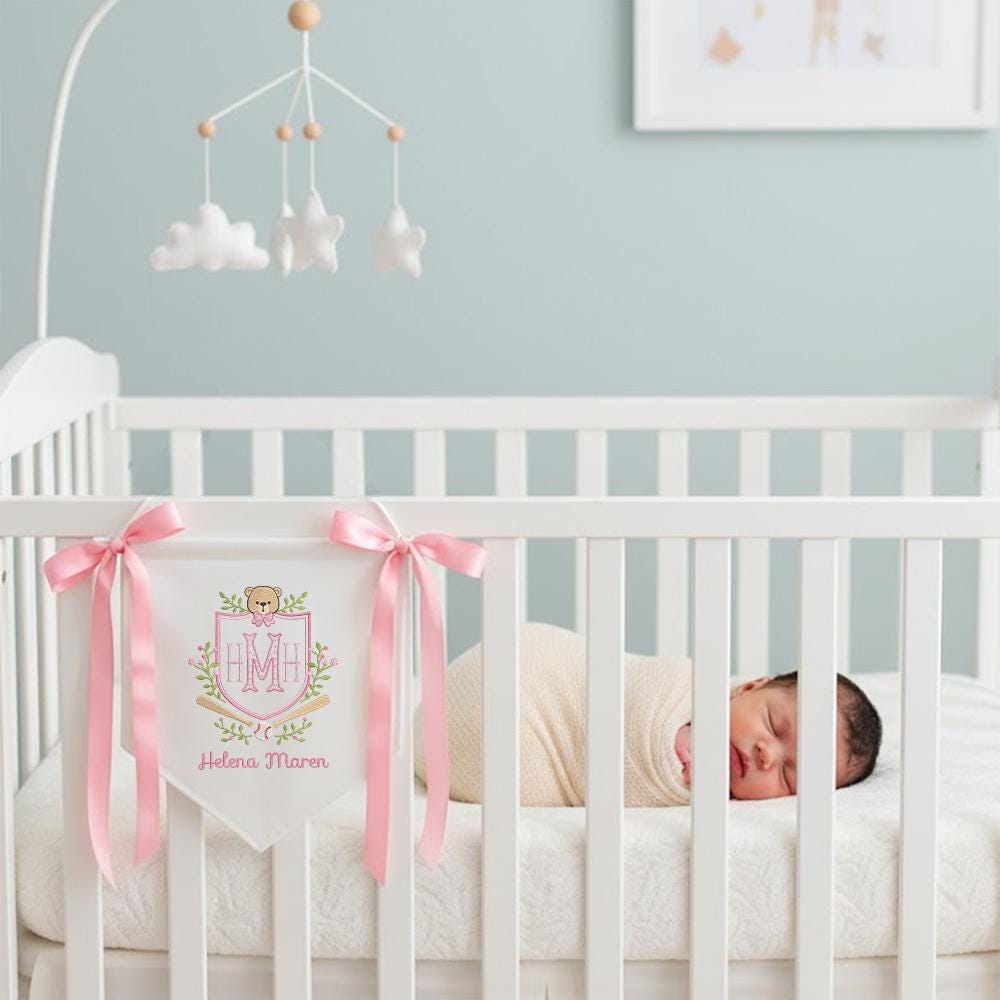 Custom Baby Banner With Teddy Bear and Baseball, Welcome Banner with Floral Crest, Bows Baby Banner, Hospital Door Sign, Baby Shower Gifts
