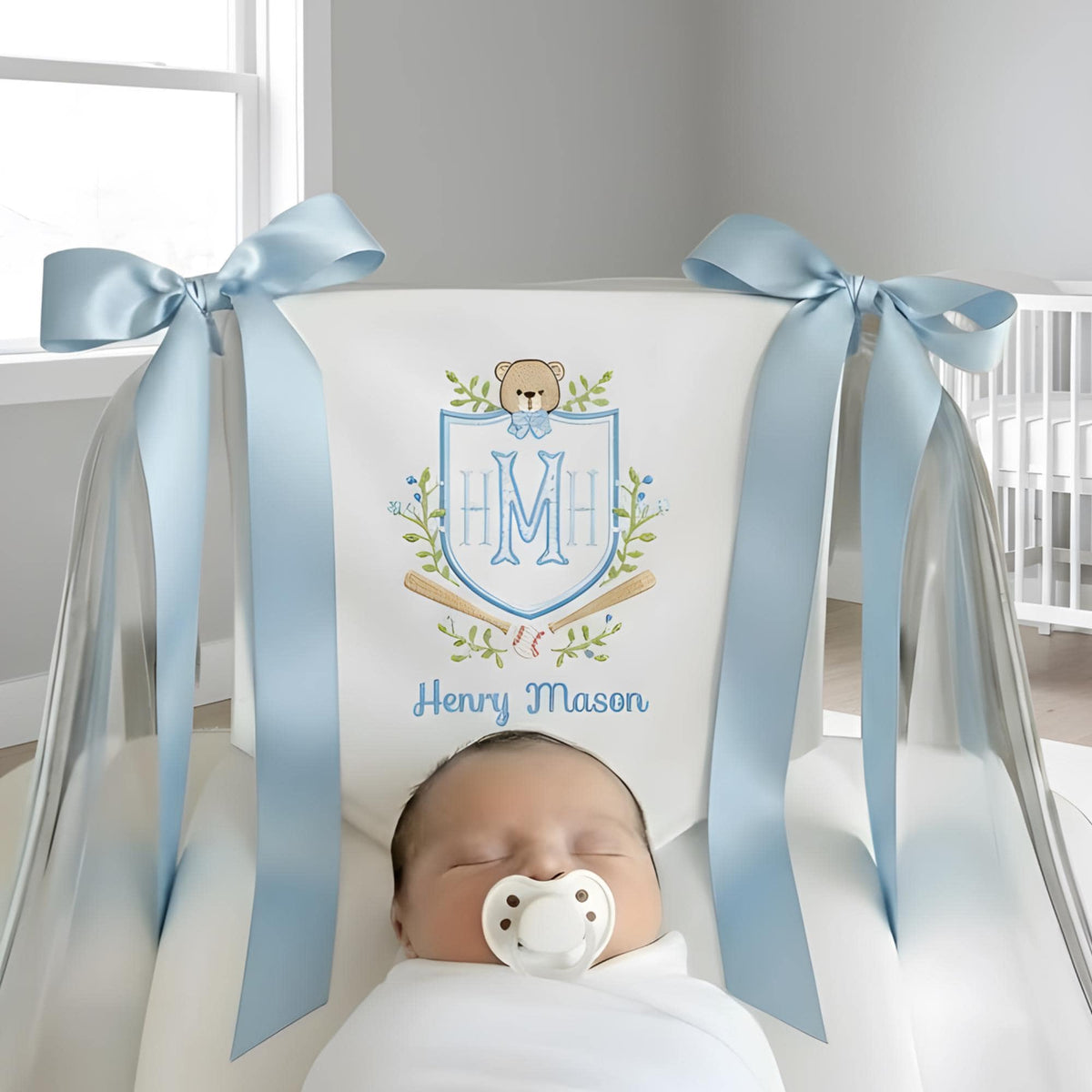 Custom Baby Banner With Teddy Bear and Baseball, Welcome Banner with Floral Crest, Bows Baby Banner, Hospital Door Sign, Baby Shower Gifts