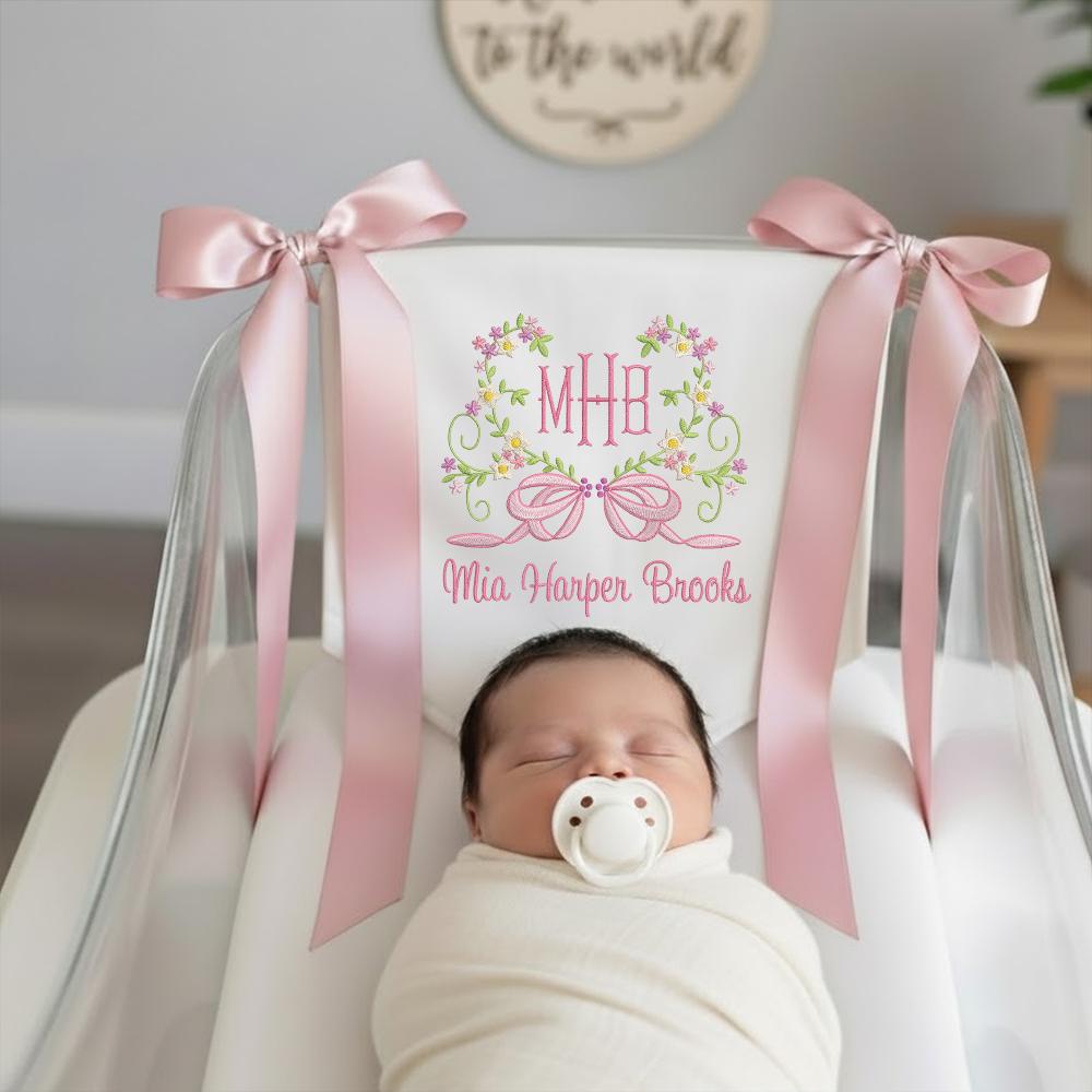 Custom Baby Banner With Heart Floral, Welcome Banner with Floral Crest, Bows Baby Banner, Hospital Door Sign, Baby Shower Gifts
