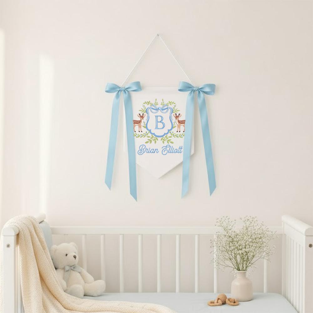 Custom Embroidered Baby Banner, Deer Floral Wreath, Nursery Decor