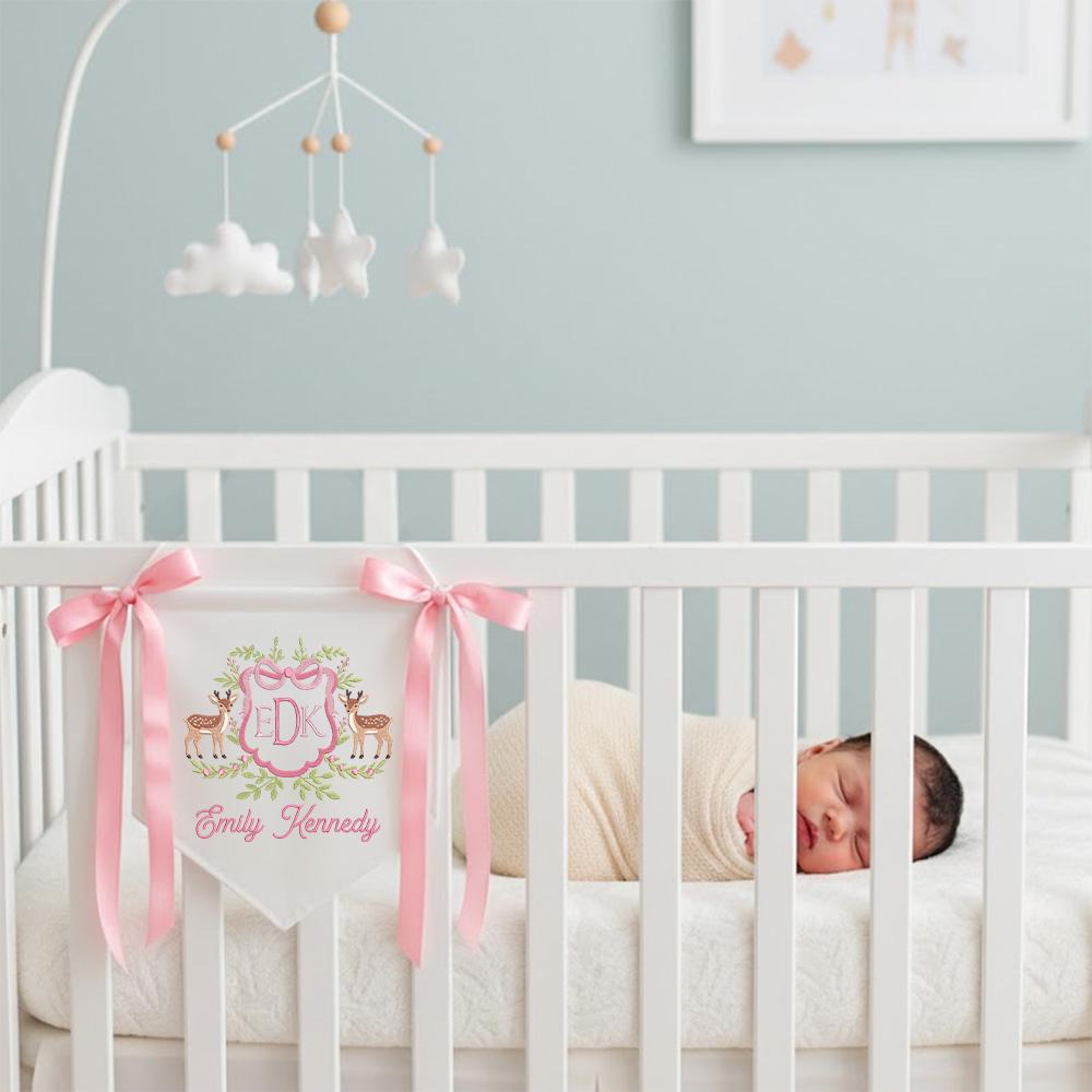 Custom Embroidered Baby Banner, Deer Floral Wreath, Nursery Decor