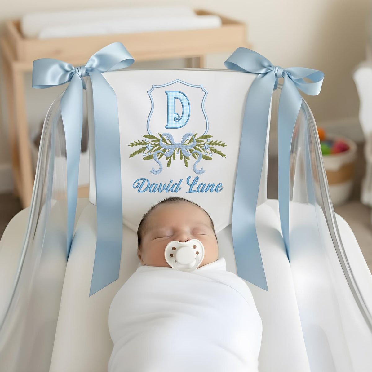 Personalized Baby Banner, Floral Crest, Embroidered Name, Nursery Decor