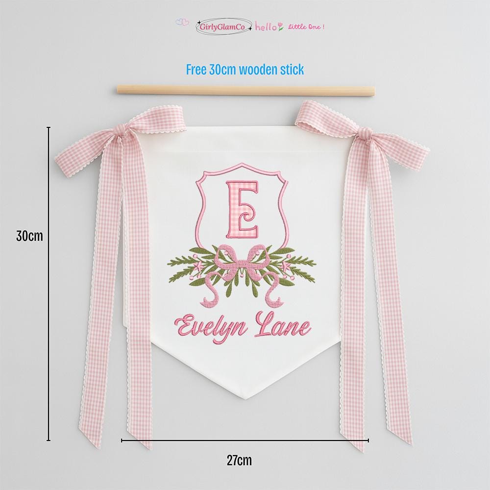 Personalized Baby Banner, Floral Crest, Embroidered Name, Nursery Decor