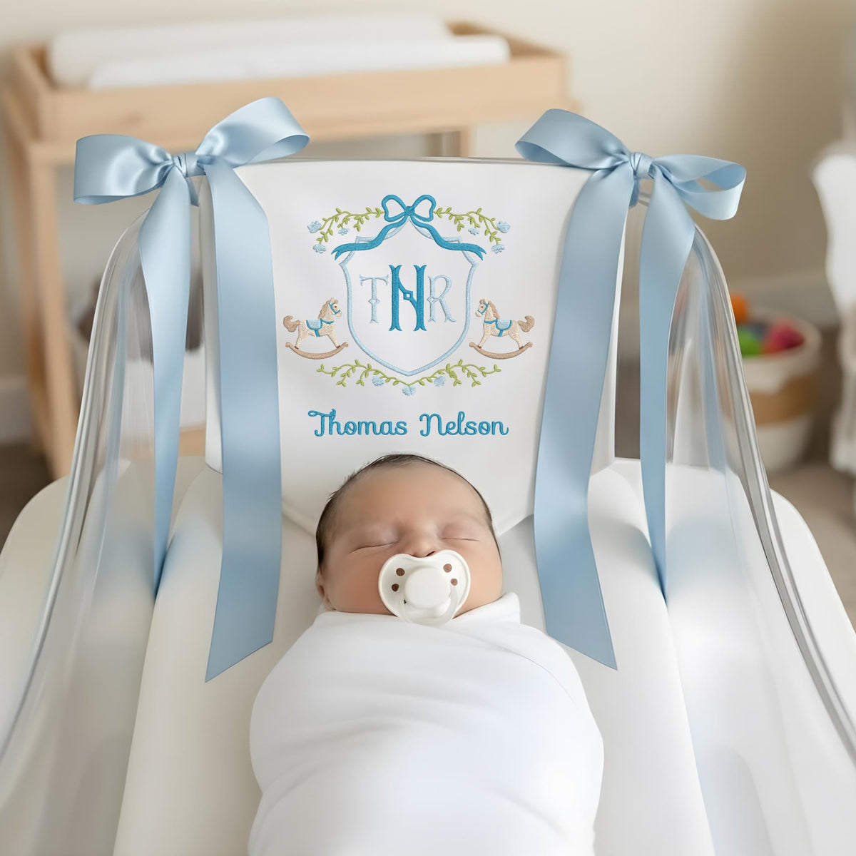Personalized Baby Banner with Rocking Horse, Newborn Announcement Sign, Baby Boy Announcement Sign, Baby Door Hanger, Newborn Gift