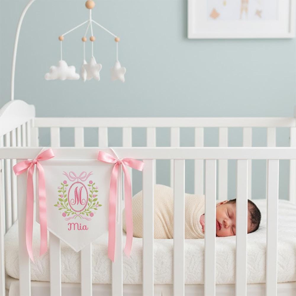 Custom Baby Banner, Welcome Banner with Floral Crest, Bows Baby Banner, Hospital Door Sign, Baby Shower Gifts, Newborn Gifts, Baby Girl