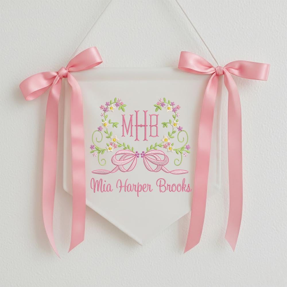 Custom Baby Banner With Heart Floral, Welcome Banner with Floral Crest, Bows Baby Banner, Hospital Door Sign, Baby Shower Gifts