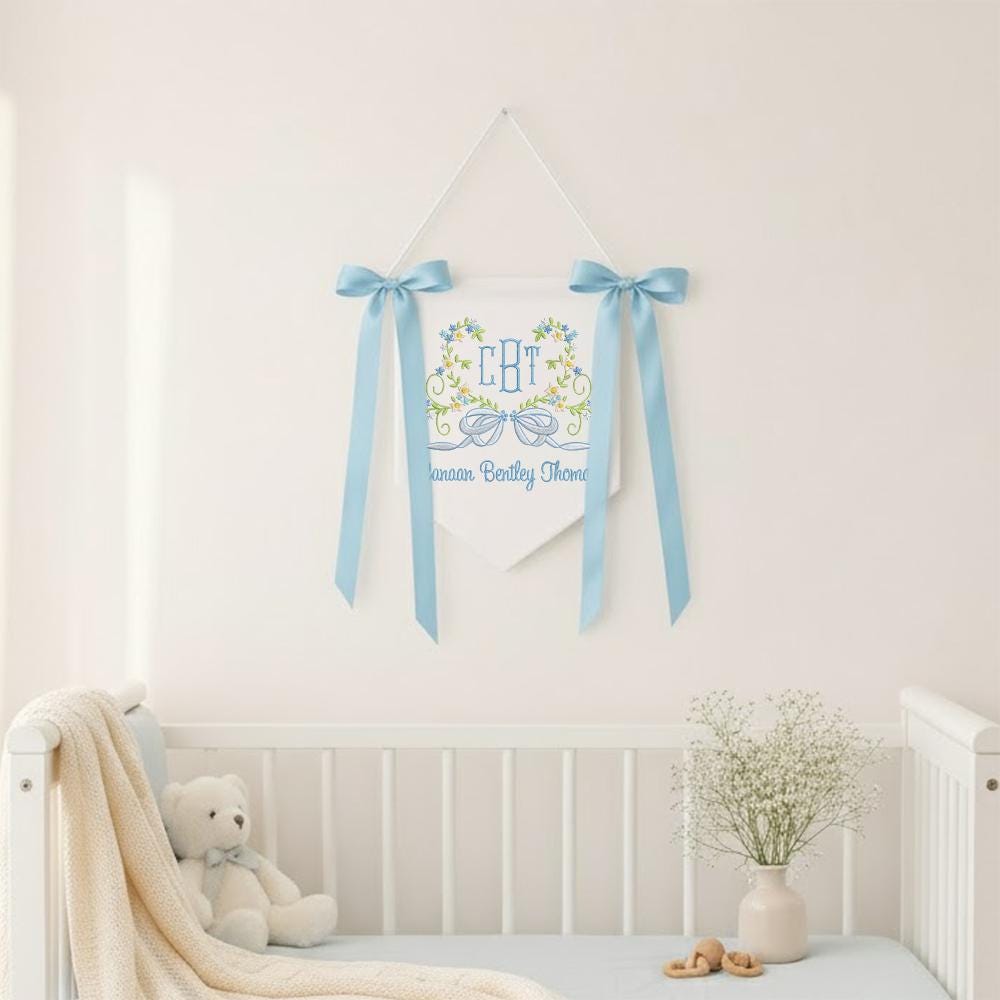 Custom Baby Banner With Heart Floral, Welcome Banner with Floral Crest, Bows Baby Banner, Hospital Door Sign, Baby Shower Gifts