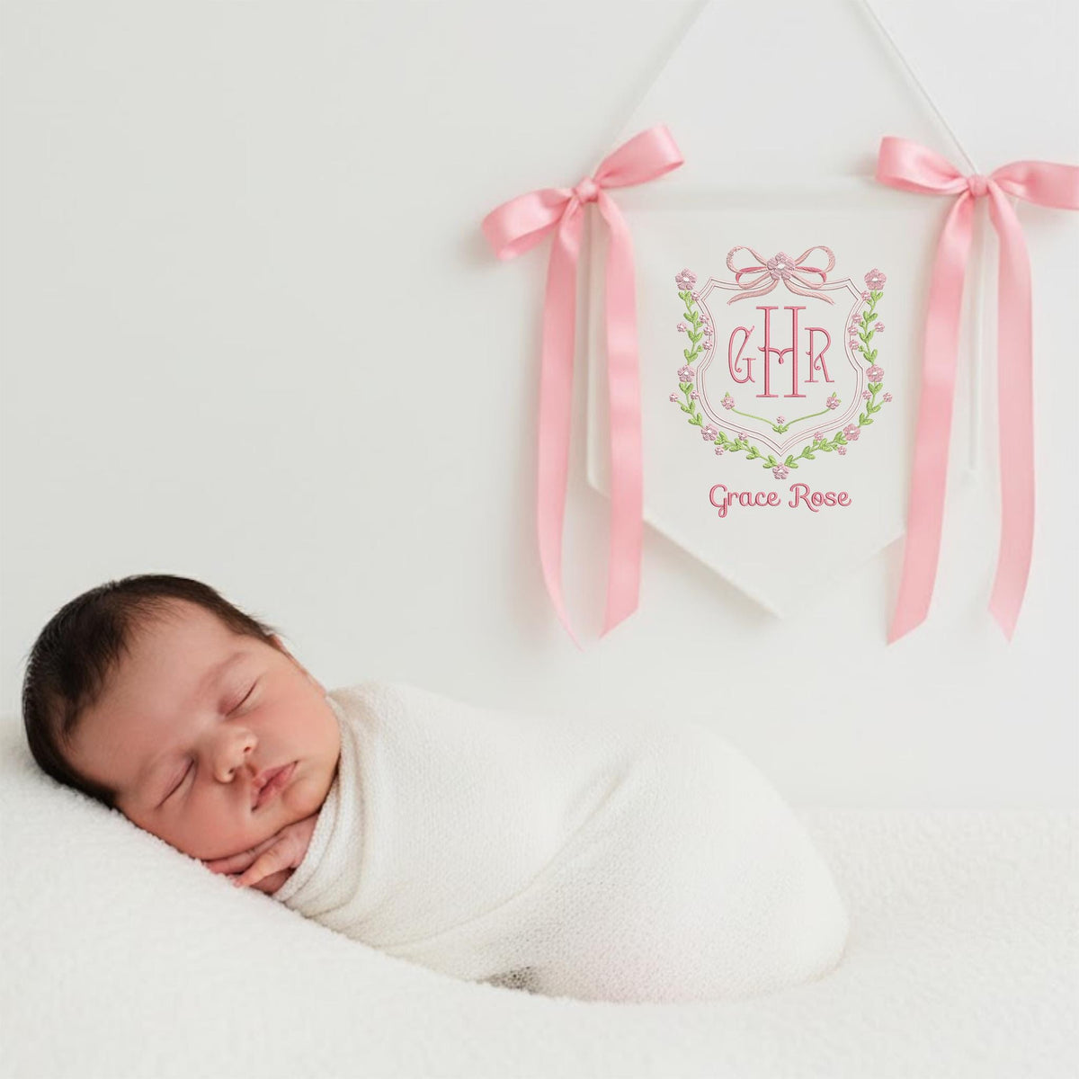 Personalized Baby Banner, Welcome Banner with Floral Crest, Bows Baby Banner, Hospital Door Sign, Baby Shower Gifts, Newborn Gift, Baby Girl