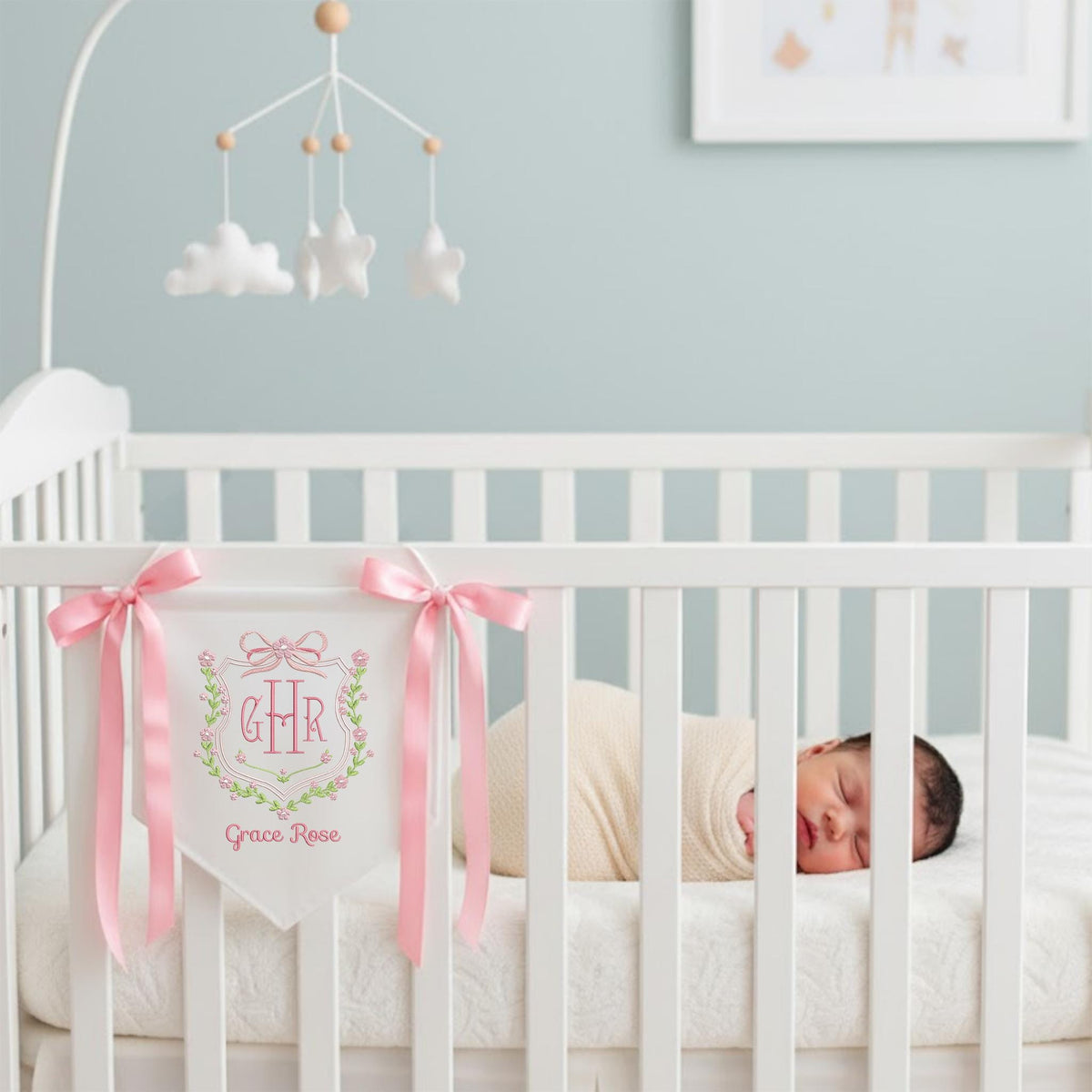 Personalized Baby Banner, Welcome Banner with Floral Crest, Bows Baby Banner, Hospital Door Sign, Baby Shower Gifts, Newborn Gift, Baby Girl
