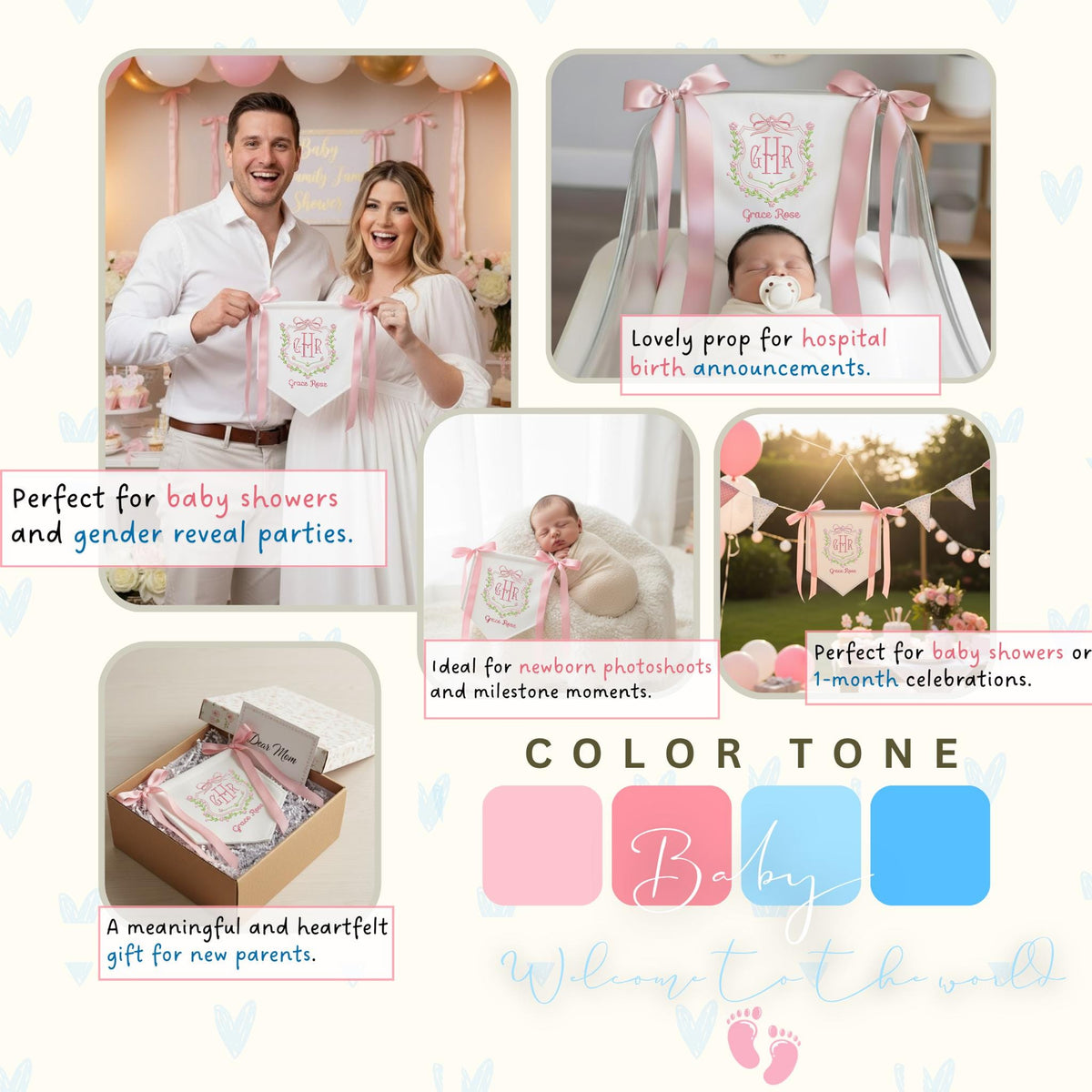 Personalized Baby Banner, Welcome Banner with Floral Crest, Bows Baby Banner, Hospital Door Sign, Baby Shower Gifts, Newborn Gift, Baby Girl
