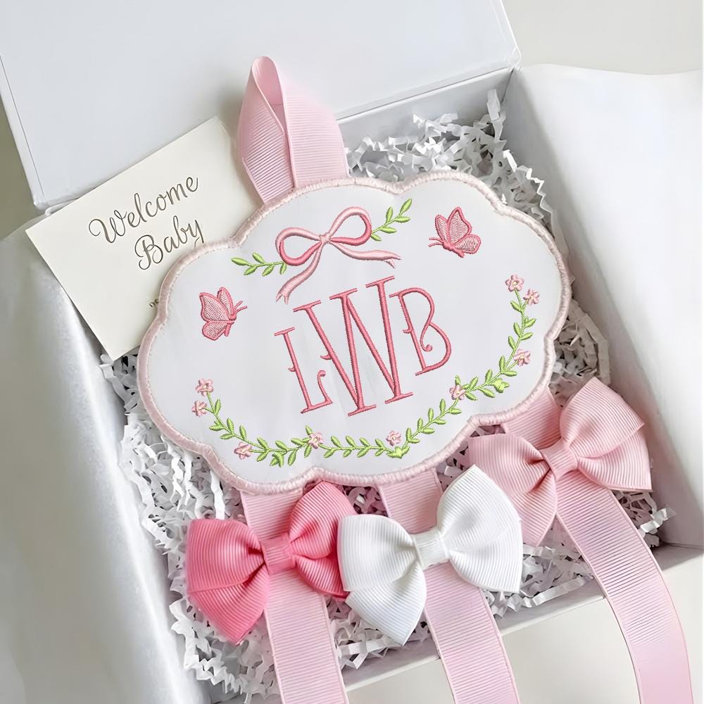 Custom Baby Girl Hair Bow Holder Organizer with Embroidered Name Cloud Design | Personalized Headband Clip Hanger for Nursery Decor
