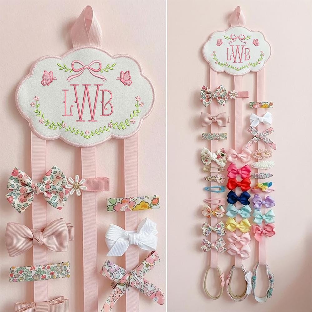 Personalized Baby Girl Hair Bow Holder Organizer with Embroidered Name Cloud Design | Custom Headband Clip Hanger for Nursery Decor