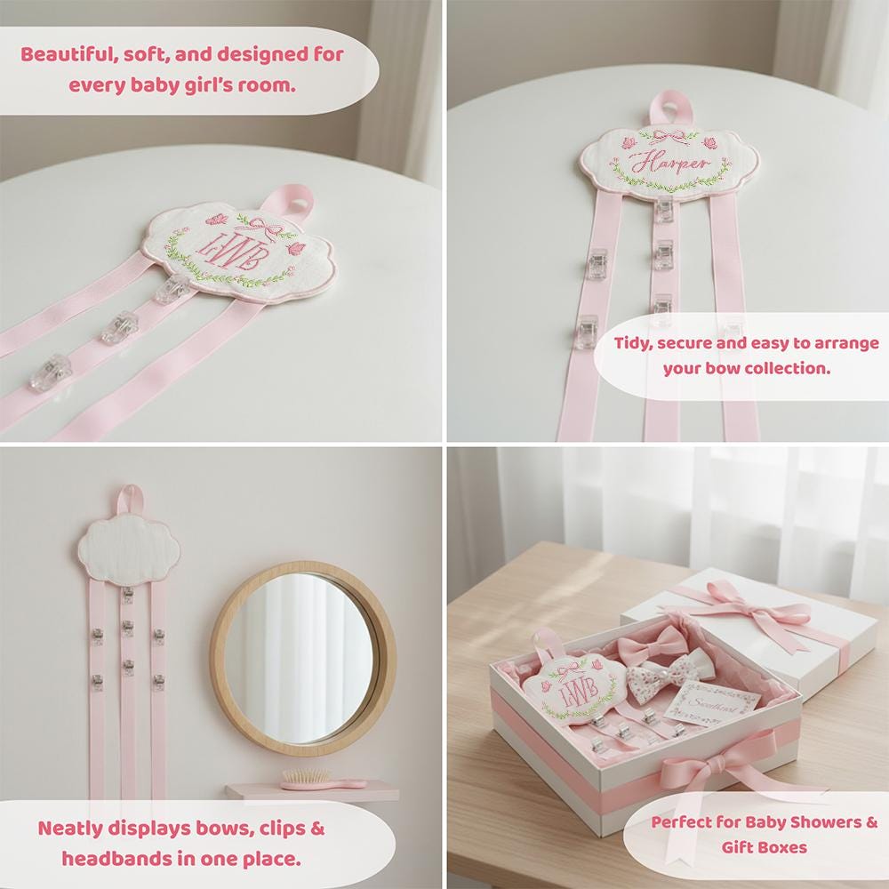 Personalized Baby Girl Hair Bow Holder Organizer with Embroidered Name Cloud Design | Custom Headband Clip Hanger for Nursery Decor