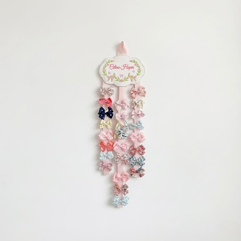 Personalized Baby Girl Hair Bow Holder with Embroidered Name and Floral Cloud Design | Custom Nursery Wall Decor Gift for Newborns, Hair bow