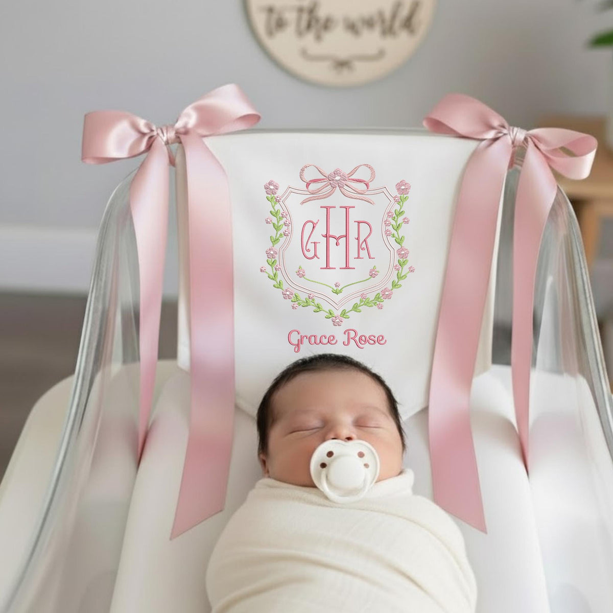 Personalized Baby Banner, Welcome Banner with Floral Crest, Bows Baby Banner, Hospital Door Sign, Baby Shower Gifts, Newborn Gift, Baby Girl