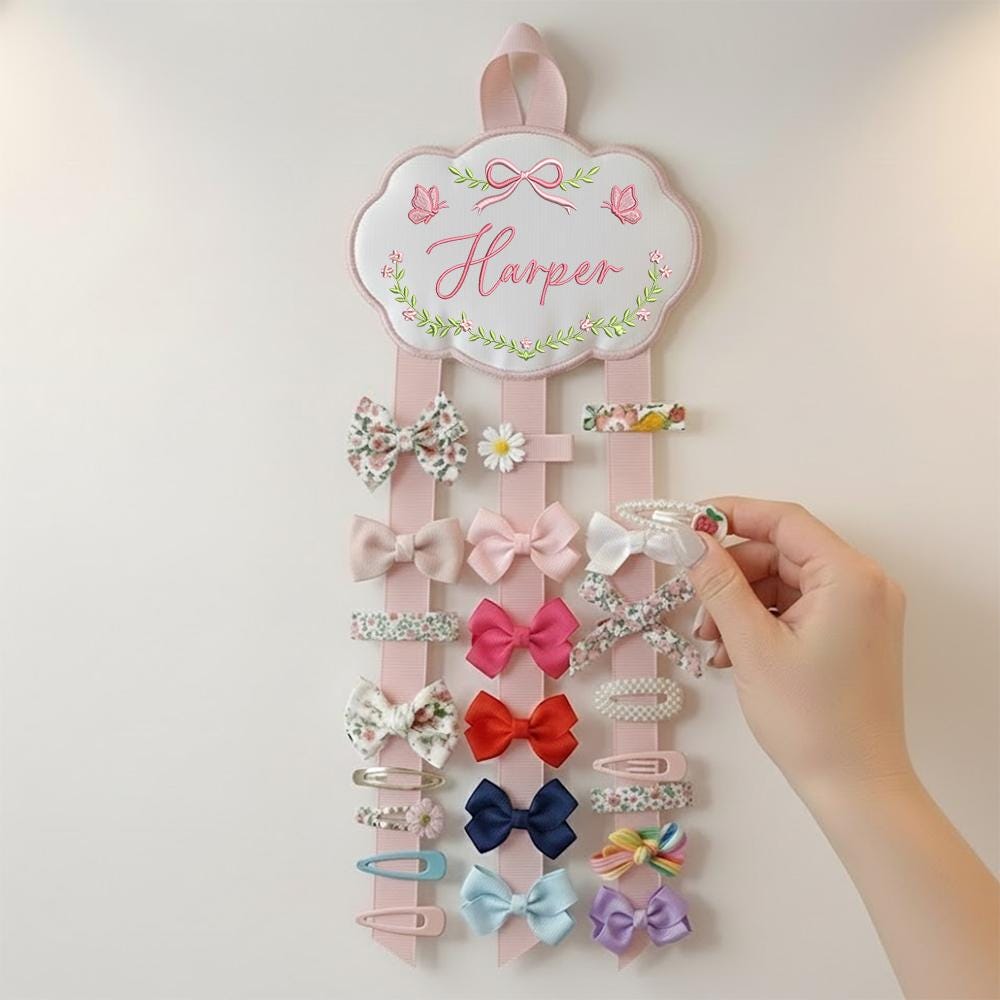 Custom Baby Girl Hair Bow Holder Organizer with Embroidered Name Cloud Design | Personalized Headband Clip Hanger for Nursery Decor