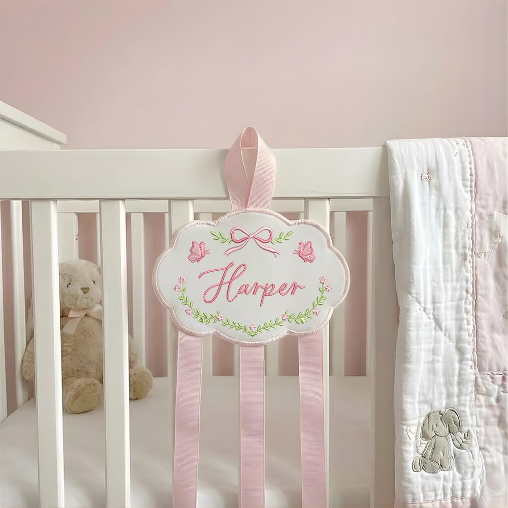Personalized Baby Girl Hair Bow Holder Organizer with Embroidered Name Cloud Design | Custom Headband Clip Hanger for Nursery Decor