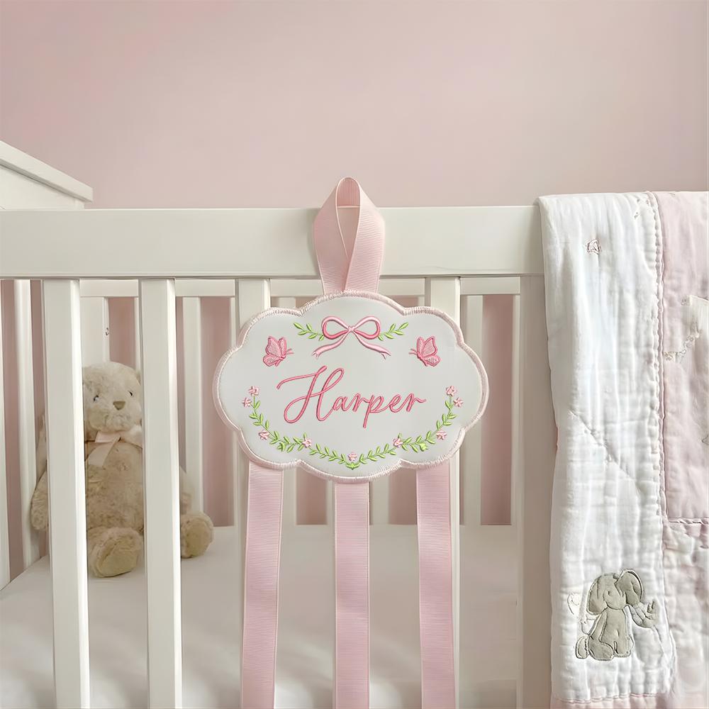 Custom Baby Girl Hair Bow Holder Organizer with Embroidered Name Cloud Design | Personalized Headband Clip Hanger for Nursery Decor