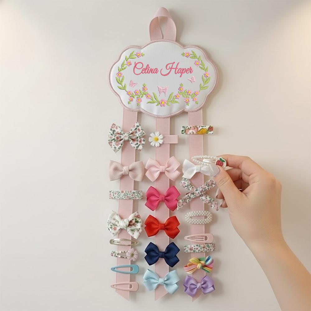 Personalized Baby Girl Hair Bow Holder with Embroidered Name and Floral Cloud Design | Custom Nursery Wall Decor Gift for Newborns, Hair bow