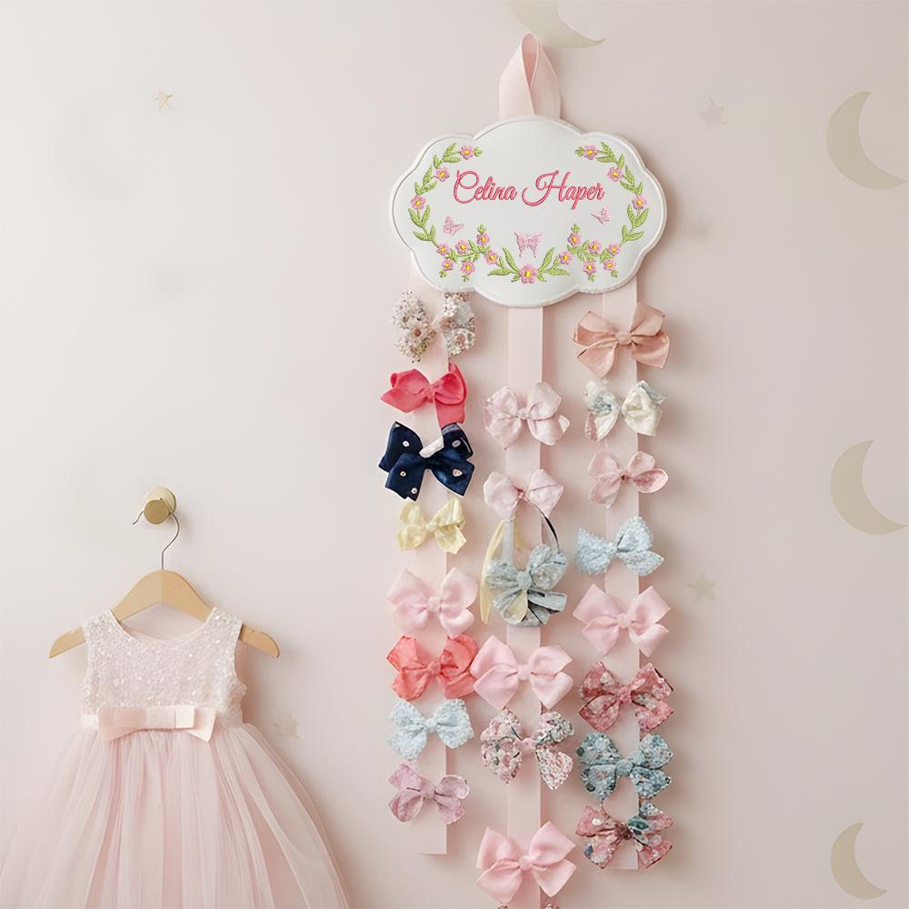 Personalized Baby Girl Hair Bow Holder with Embroidered Name and Floral Cloud Design | Custom Nursery Wall Decor Gift for Newborns, Hair bow