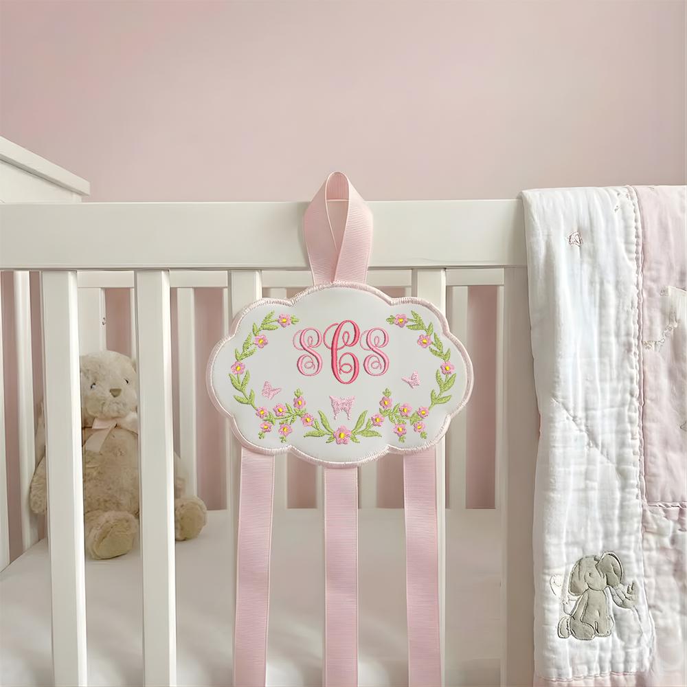 Personalized Baby Girl Hair Bow Holder with Embroidered Name and Floral Cloud Design | Custom Nursery Wall Decor Gift for Newborns, Hair bow
