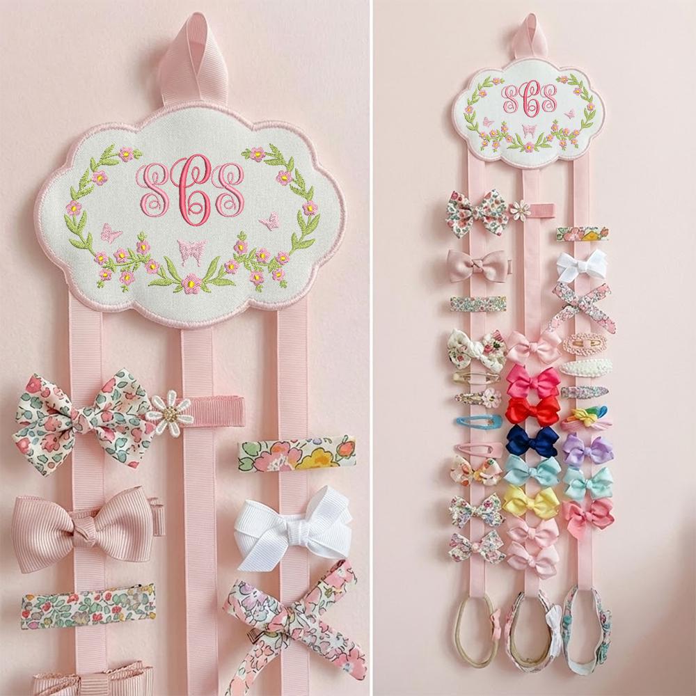 Personalized Baby Girl Hair Bow Holder with Embroidered Name and Floral Cloud Design | Custom Nursery Wall Decor Gift for Newborns, Hair bow