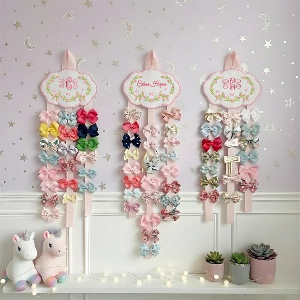 Personalized Baby Girl Hair Bow Holder with Embroidered Name and Floral Cloud Design | Custom Nursery Wall Decor Gift for Newborns, Hair bow