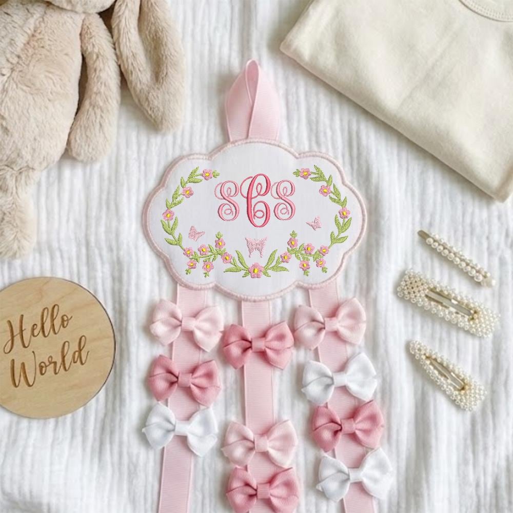 Personalized Baby Girl Hair Bow Holder with Embroidered Name and Floral Cloud Design | Custom Nursery Wall Decor Gift for Newborns, Hair bow