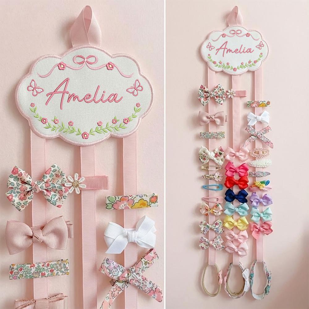 Personalized Baby Girl Hair Bow Holder Organizer with Embroidered Name Cloud Design | Custom Headband Clip Hanger for Nursery Decor