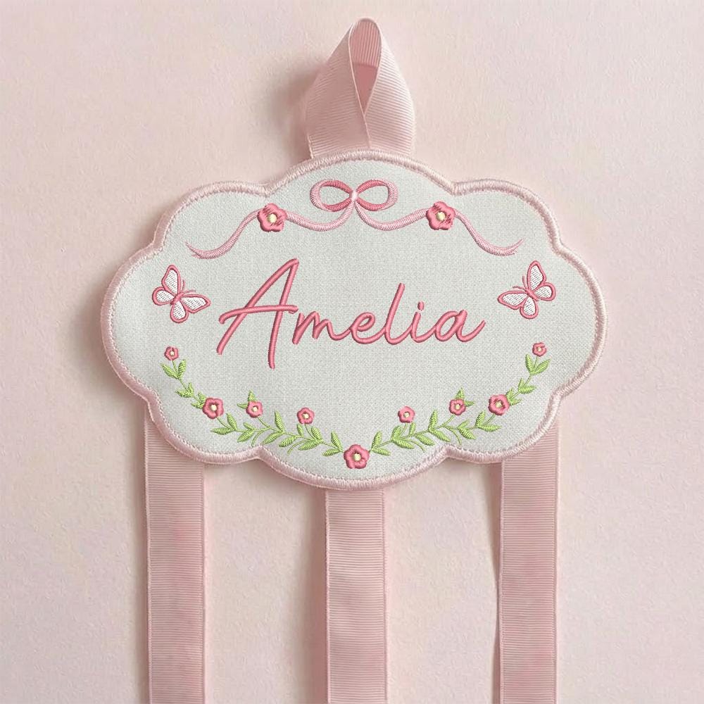 Personalized Baby Girl Hair Bow Holder Organizer with Embroidered Name Cloud Design | Custom Headband Clip Hanger for Nursery Decor