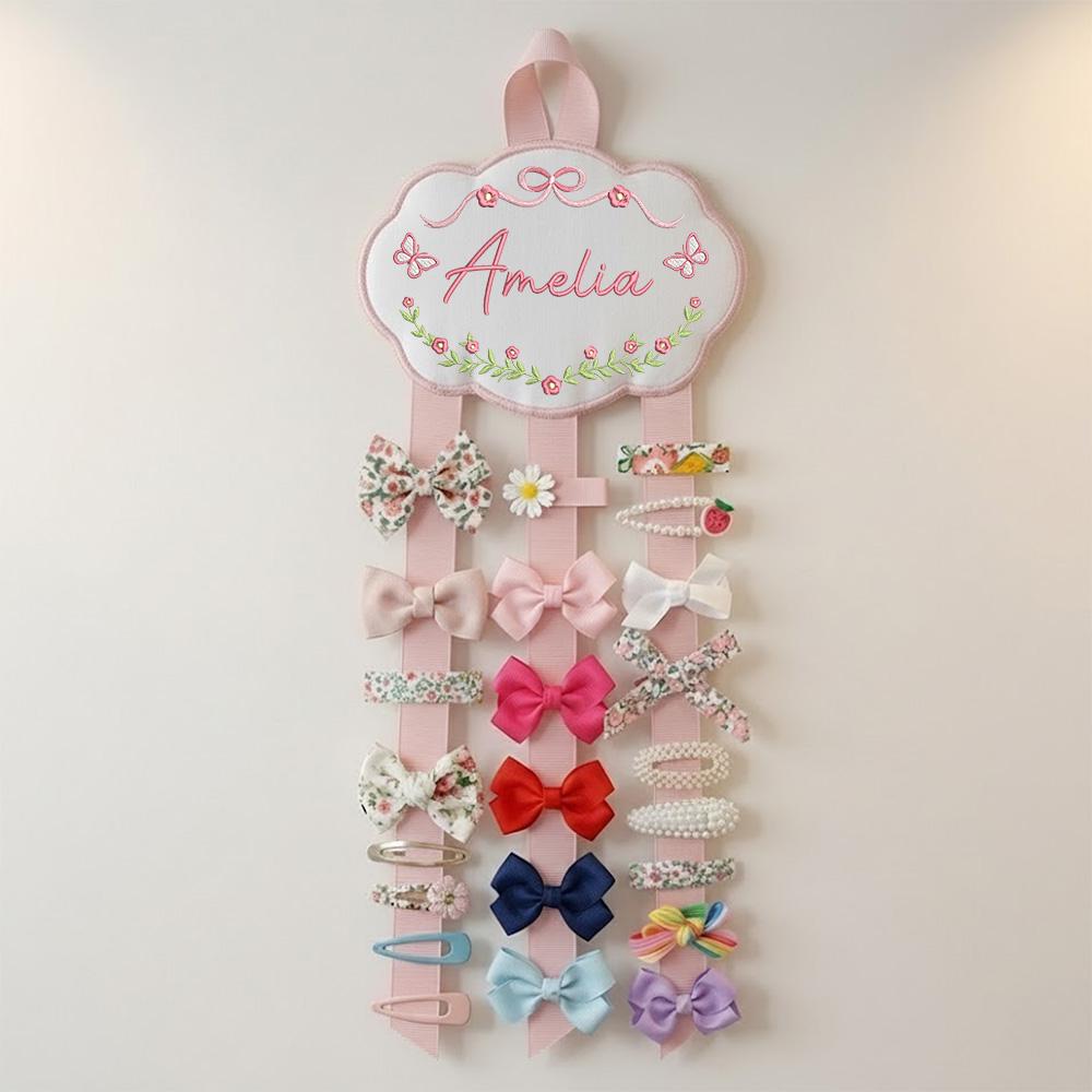 Personalized Baby Girl Hair Bow Holder Organizer with Embroidered Name Cloud Design | Custom Headband Clip Hanger for Nursery Decor