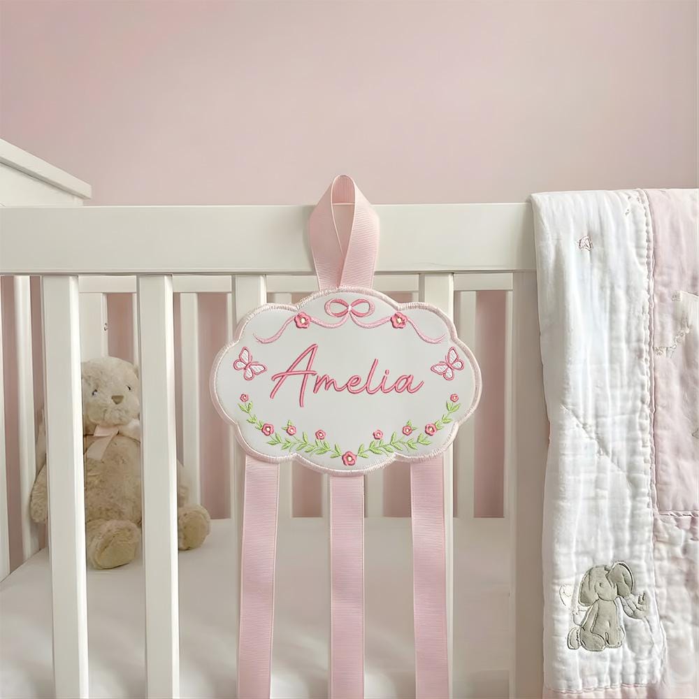 Personalized Baby Girl Hair Bow Holder Organizer with Embroidered Name Cloud Design | Custom Headband Clip Hanger for Nursery Decor