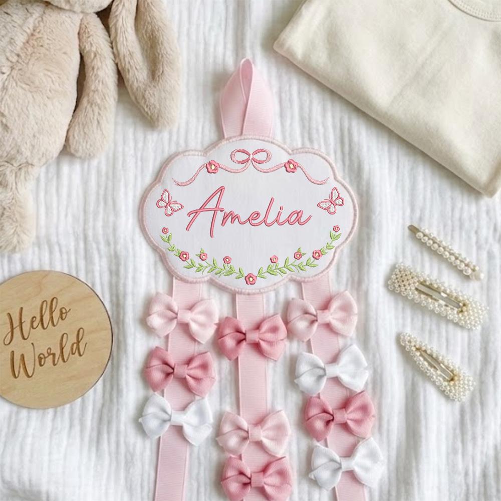 Personalized Baby Girl Hair Bow Holder Organizer with Embroidered Name Cloud Design | Custom Headband Clip Hanger for Nursery Decor