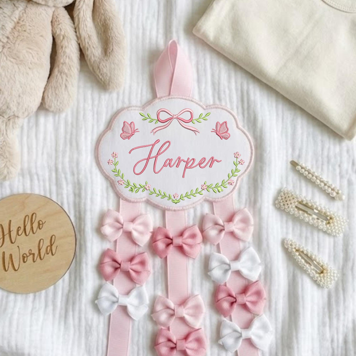 Custom Baby Girl Hair Bow Holder Organizer with Embroidered Name Cloud Design | Personalized Headband Clip Hanger for Nursery Decor