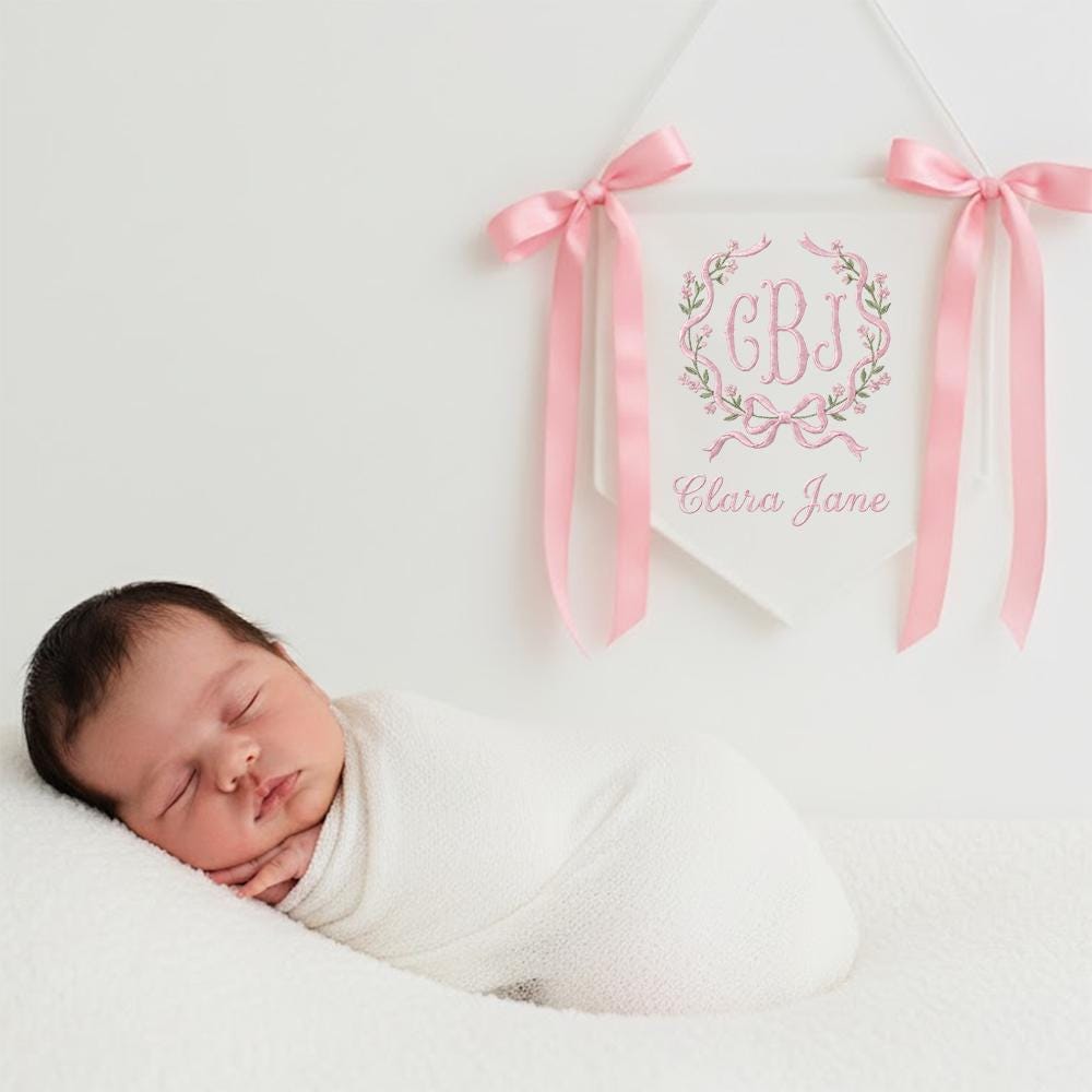 Personalized Embroidered Hospital Bassinet Sign - Monogram Baby Name Pennant, Custom Baby Banner