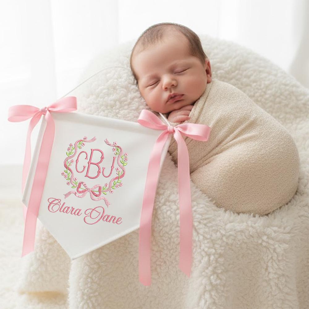 Personalized Embroidered Hospital Bassinet Sign - Monogram Baby Name Pennant, Custom Baby Banner