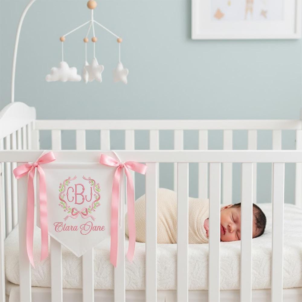 Personalized Embroidered Hospital Bassinet Sign - Monogram Baby Name Pennant, Custom Baby Banner