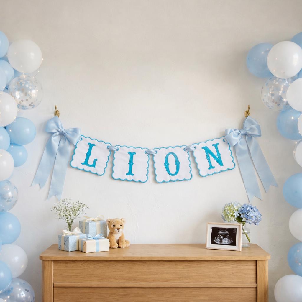 Custom Baby Name Banner, Fabric Nursery Garland for Newborn, Embroidered Scalloped Name Sign, Baby Shower Decor, Personalized Keepsake