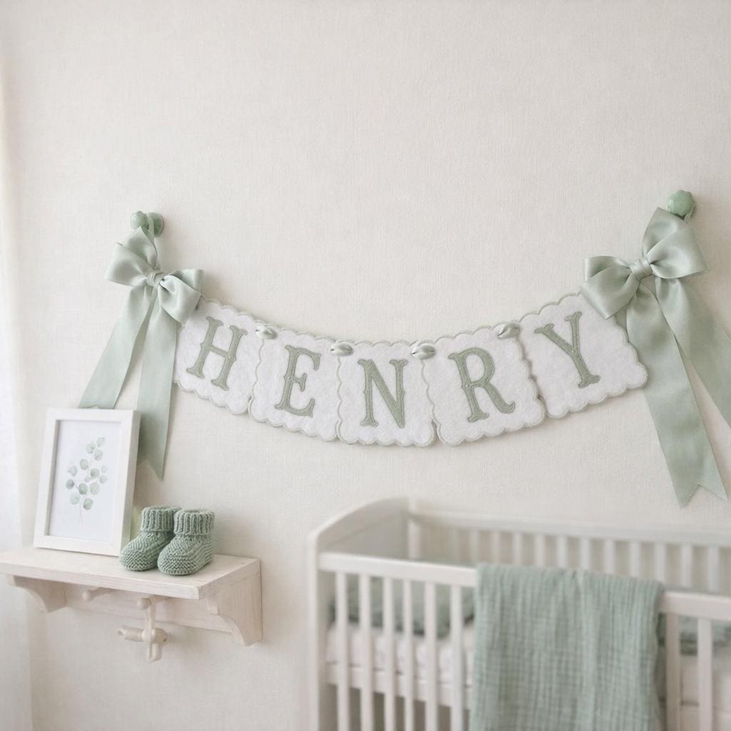 Custom Baby Name Banner, Fabric Nursery Garland for Newborn, Embroidered Scalloped Name Sign, Baby Shower Decor, Personalized Keepsake
