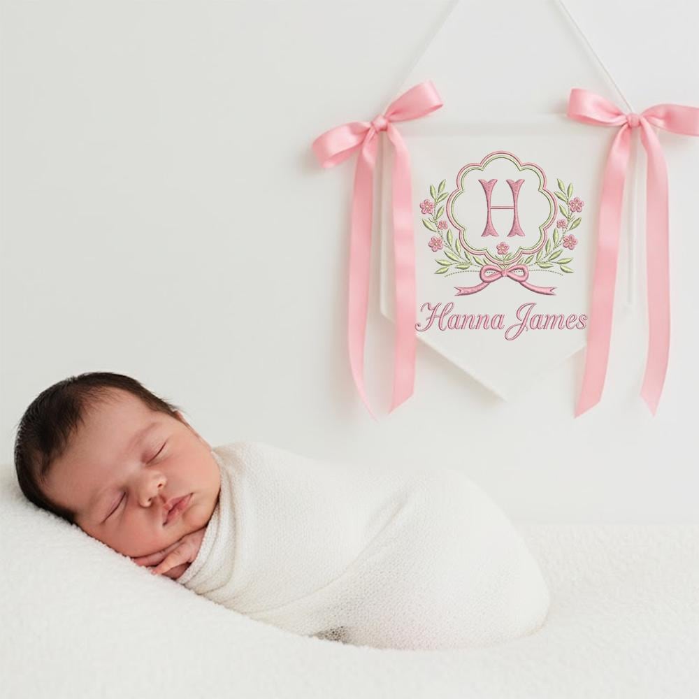 Floral Crest Gingham Baby Sign, Personalized Monogram Embroidered Plaque, Newborn Hospital Nursery Gift
