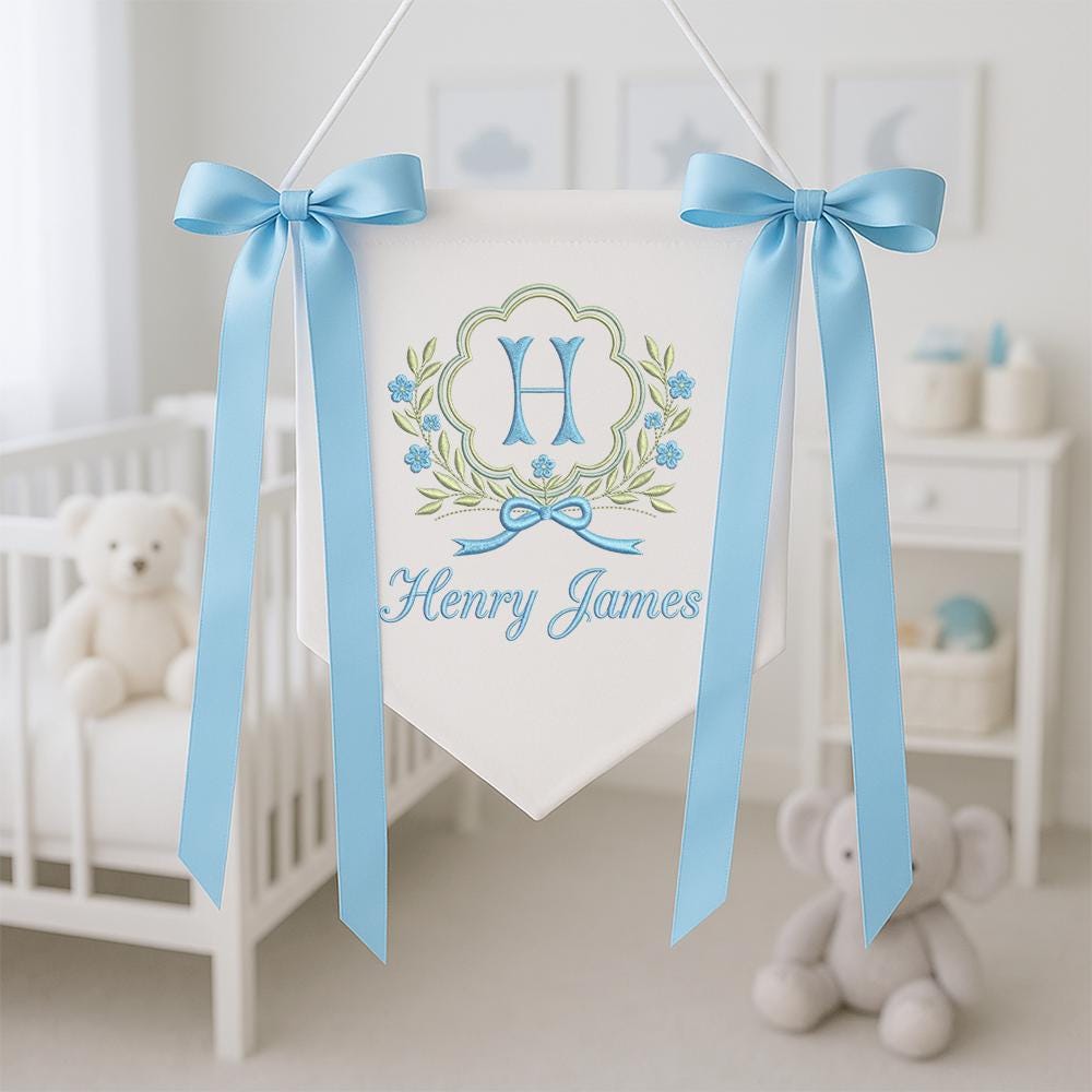 Floral Crest Gingham Baby Sign, Personalized Monogram Embroidered Plaque, Newborn Hospital Nursery Gift