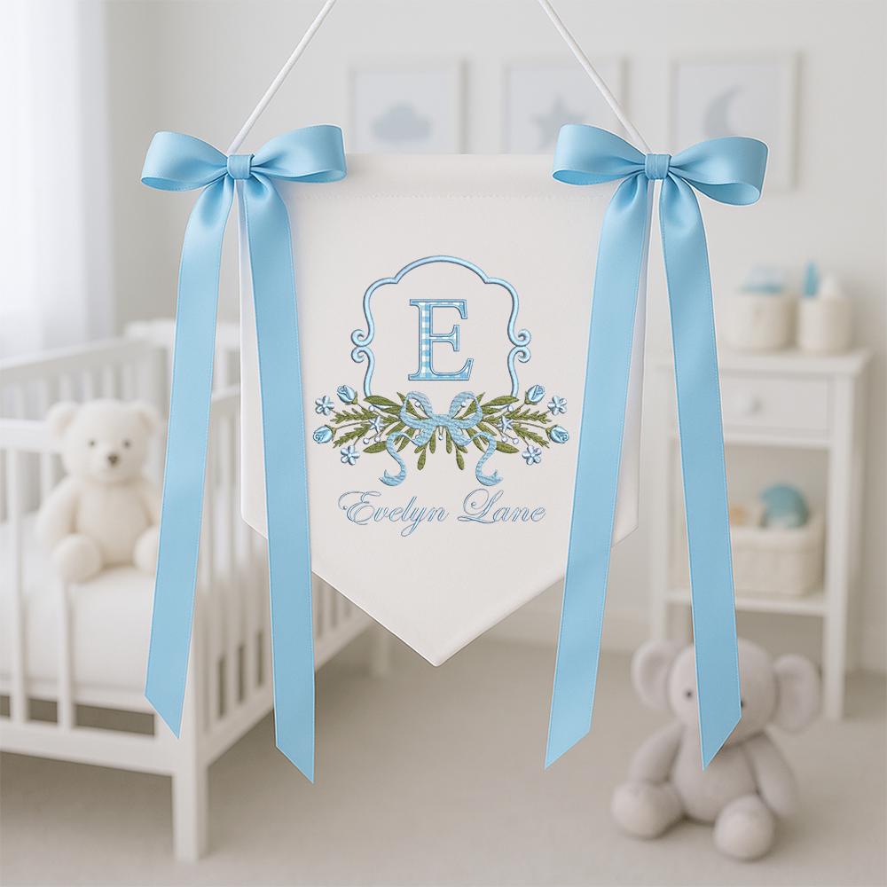 Personalized Baby Name Sign, Embroidered Monogram Pennant for Nursery, Custom Hospital Door Hanger with Bows, Baby Girl Newborn Gift