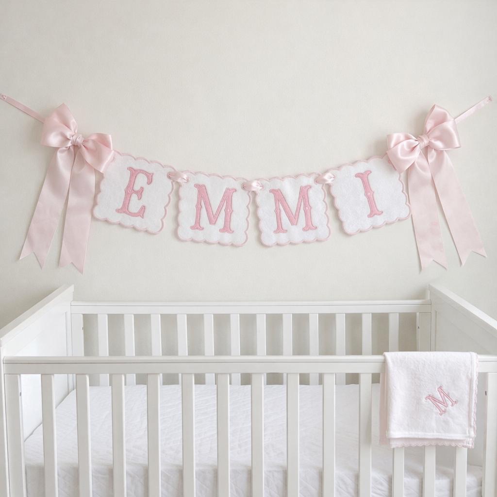 Custom Baby Name Banner, Fabric Nursery Garland for Newborn, Embroidered Scalloped Name Sign, Baby Shower Decor, Personalized Keepsake